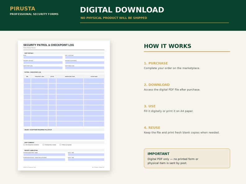 May include: A digital download of a Security Patrol & Checkpoint Log form. The document features sections for shift details, a patrol checkpoint list, notes, and a shift summary. The right side displays instructions labeled How It Works.
