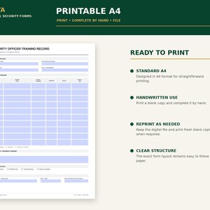 May include: A printable A4 security officer training record form with a light blue grid for tracking training details. The document includes sections for officer details, training records, upcoming required training, record status, and signature lines.