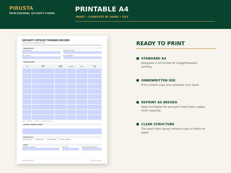May include: A printable A4 security officer training record form with a light blue grid for tracking training details. The document includes sections for officer details, training records, upcoming required training, record status, and signature lines.