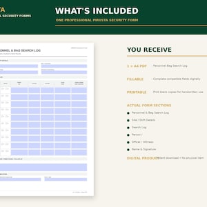 May include: A digital Personnel & Bag Search Log form in A4 size. The document features a white background with light blue fillable fields, including sections for site details, shift information, search logs, and signature lines for security personnel.