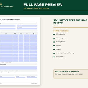 May include: A Security Officer Training Record form featuring sections for officer details, training history, and status. The document includes fields for date, training topic, trainer, initials, and upcoming requirements, with a clean, professional layout.