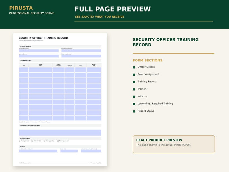 May include: A Security Officer Training Record form featuring sections for officer details, training history, and status. The document includes fields for date, training topic, trainer, initials, and upcoming requirements, with a clean, professional layout.