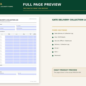 Peut inclure: Un formulaire de s&eacute;curit&eacute; Gate Delivery & Collection Log blanc avec des champs de saisie bleu clair. Le document comprend des sections pour les d&eacute;tails du site et de l'&eacute;quipe, un tableau de livraison et de collecte, des notes et une zone de signature.