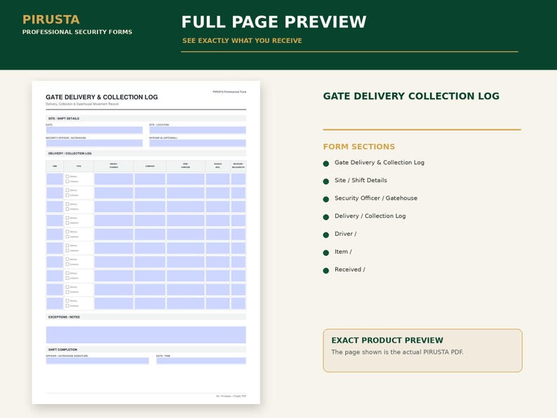 Peut inclure: Un formulaire de s&eacute;curit&eacute; Gate Delivery & Collection Log blanc avec des champs de saisie bleu clair. Le document comprend des sections pour les d&eacute;tails du site et de l'&eacute;quipe, un tableau de livraison et de collecte, des notes et une zone de signature.