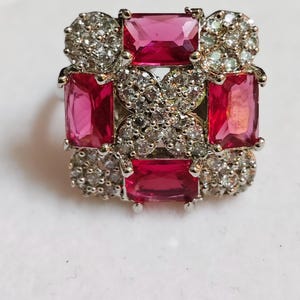 Ruby Silver Ring, 925 Sterling Silver Square Cluster Ring, Cut Red Gemstone Cocktail Ring, Art Deco Statement Ring, July Birthstone for Gift