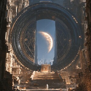 Puede incluir: Una gran estructura de portal metálico circular y oscuro se alza en la parte superior de una escalera de piedra dentro de una ciudad de edificios altos y desgastados. Una luna creciente brillante es visible a través del centro del anillo.