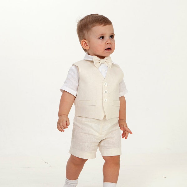 Baby boy off white linen vest suit, Baptism outfit, Page boy suit, rustic ring bearer outfit, boy off white vest shorts bow tie white shirt