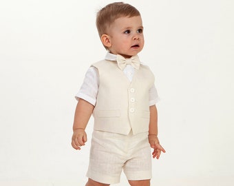 Baby boy off white linen vest suit, Baptism outfit, Page boy suit, rustic ring bearer outfit, boy off white vest shorts bow tie white shirt