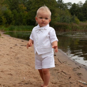 Baby boy white outfit, Baptism outfit, Christening suit, Toddler boy white linen shorts shirt vest bow tie, Boy formal outfit
