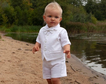 White baby boy outfit, Toddler boy white linen shorts shirt vest bow tie, Baptism outfit, Christening suit, Wedding ring bearer garment