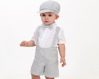 Pastel gray linen suit, Baby boy shorts, suspenders, newsboy hat, bow tie and shirt, Ring bearer outfit, baptism boy clothes