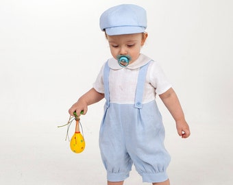 Baptism linen suit, Infant boy light blue outfit, Baby boy suspender romper and newsboy hat, Christening clothes, natural jumpsuit, overalls