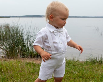 Baptism baby boy outfit size 12 - 18 month Infant white linen shirt, shorts with suspenders and bow tie Page boy white suit