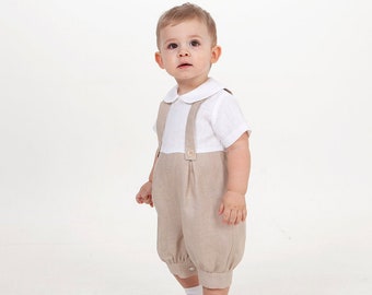 Baby beige romper, Rustic page boy outfit, Infant boy linen overalls, baptism clothes, vintage suspenders suit, jumpsuit