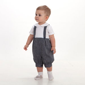 Baby boy suspender suit, Infant boy navy blue romper, Victorian baby overalls, page boy outfit, peter pan collar, toddler boy linen clothes