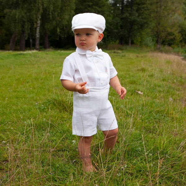 White newsboy outfit Baby boy suspenders suit Page boy white linen suit Baptism outfit Christening suit Toddler newsboy hat shirt shorts
