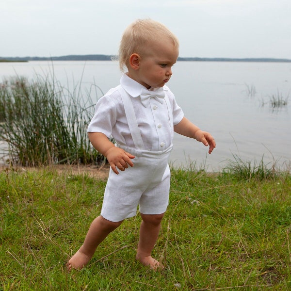 Baptism outfit, Baby boy white linen shorts+suspenders+shirt+bow tie, Toddler boy white shorts suit, white ring bearer outfit