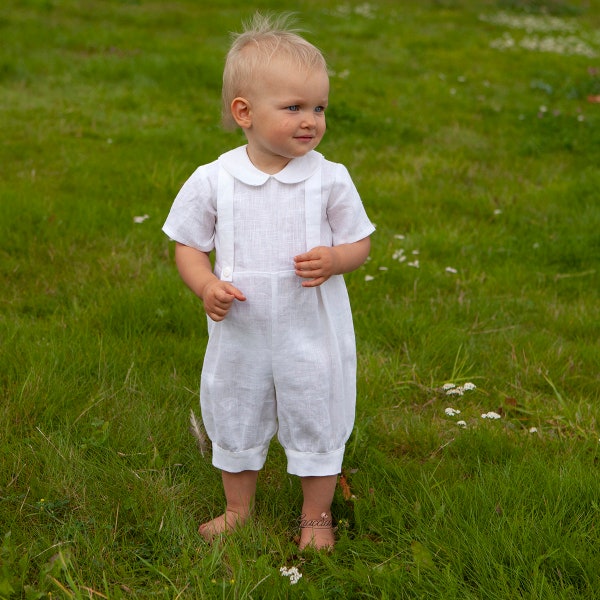 Barboteuse blanche pour bébé garçon, tenue de baptême en lin blanche, salopette blanche pour bébé, combinaison pour bébé, costume à bretelles pour garçon, body