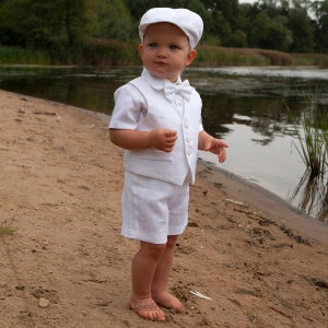 Baby boy white pattern vest shorts shirt newsboy hat Baptism outfit Toddler newsboy christening white linen suit special occasion clothes