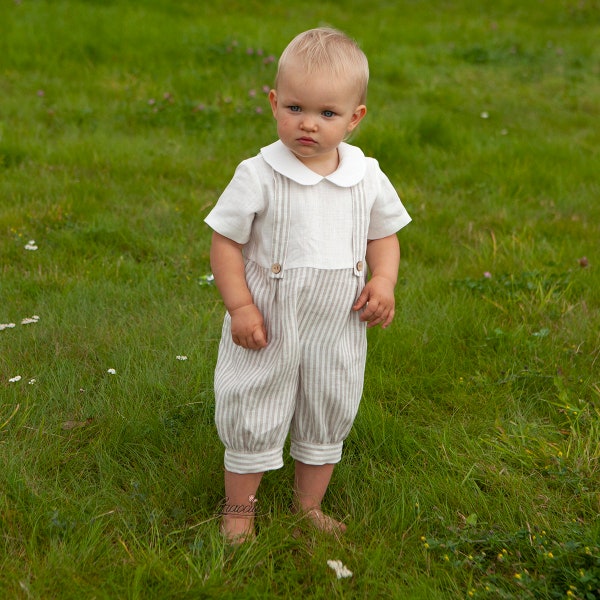 Baby boy linen romper, Infant boy natural overalls, Rustic wedding boy suit, page boy outfit, jumpsuit, boy vintage outfit