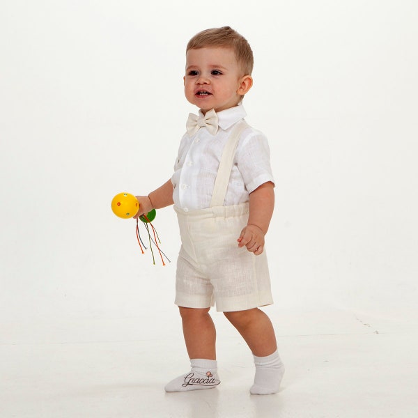 Baptism outfit Baby boy off white suit Toddler linen shorts with suspenders shirt, ring bearer outfit, christening suit, page boy outfit