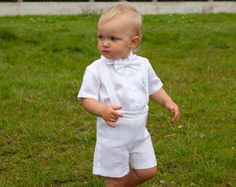 Boy white linen shorts suspenders shirt bow tie size 2T ready to ship Baptism outfit Page boy white suit