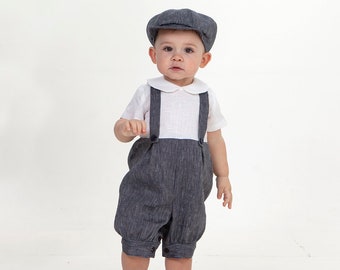 Baby boy linen romper+hat, Nautical page boy outfit, Navy blue newsboy outfit, infant suspenders suit Ring bearer outfit Overalls Jumpsuit