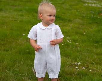 Baby boy white romper, Baptism white linen outfit, Baby white overalls, infant jumpsuit, boy suspenders suit, bodysuit