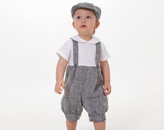 Infant romper with suspenders and hat, Baby boy gray linen outfit, natural diaper cover, overalls, baby jumpsuit, page boy suit