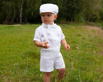 White newsboy outfit Baby boy suspenders suit Page boy white linen suit Baptism outfit Christening suit Toddler newsboy hat shirt shorts