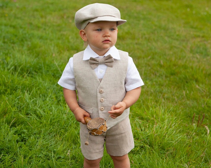Baby Boy Beige Vest Shorts Newsboy Hat Shirt Toddler Linen Suit Infant