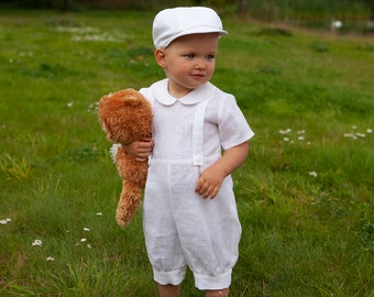 Baby boy white romper+newsboy hat, page boy suit, Baptism outfit, infant linen overalls, jumpsuit, kids shower gift, christening clothes