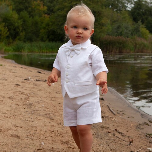 White Linen Shorts Boy Baptism Outfit Suspender Shorts Etsy