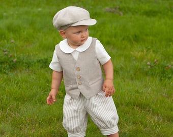 Rustic wedding baby suit, Baby boy natural linen romper+vest+hat, Newsboy ring bearer outfit, page boy set, baptism clothes