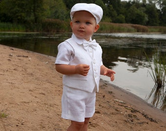 Baby boy white pattern vest shorts shirt newsboy hat Baptism outfit Toddler newsboy christening white linen suit special occasion clothes