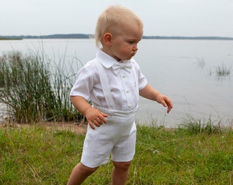 Baptism outfit, Baby boy white linen shorts+suspenders+shirt+bow tie, Toddler boy white shorts suit, white ring bearer outfit