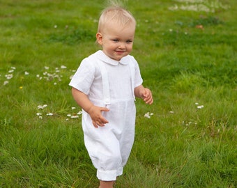 Baptism white outfit size 9 - 12 months ready to ship, Baby boy white linen romper, Infant boy overalls, jumpsuit, boy bodysuit, dungarees