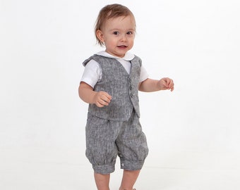 Wedding outfit for baby boy, Infant boy gray linen romper+vest, Page boy gray suit, blessing outfit, jumpsuit, natural overalls