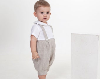 Baby boy tan romper, Baptism outfit, Infant natural linen overalls, boy suspenders suit, ring bearer outfit, jumpsuit, diaper cover