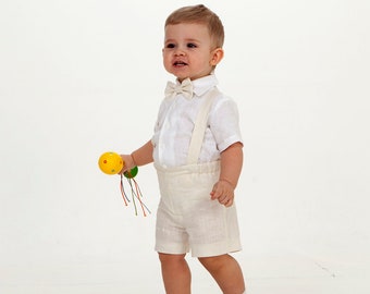 Tenue de baptême costume blanc cassé pour bébé garçon Short en lin pour tout-petit avec chemise à bretelles, tenue de porteur d'alliances, costume de baptême, tenue de page pour garçon