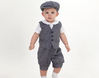 Baby boy navy blue suit, Baby newsboy outfit, Infant boy blue linen romper+vest+hat, Nautical ring bearer outfit, page boy outfit