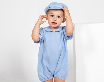 Baby boy light blue romper+newsboy hat Infant organic linen suit Baptism outfit 1st birthday clothes, overalls, jumpsuit, diaper cover