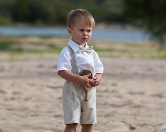 Baby boy suspenders suit, Rustic page boy outfit, Toddler boy natural linen shorts suspenders shirt bowtie, ring bearer outfit