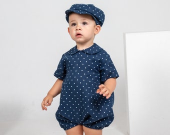 Blue polka dot romper and hat, Baby boy linen overalls, Infant natural bodysuit, newsboy cap set, cake smash outfit