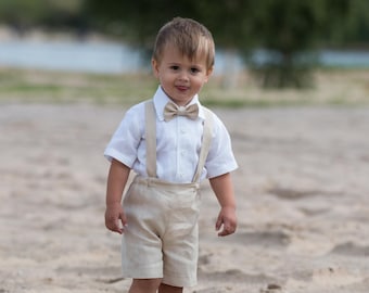 Ring bearer outfit Baby boy light beige outfit Baptism shorts with suspenders Boy linen suspenders suit Wedding suit for baby boy Tan color
