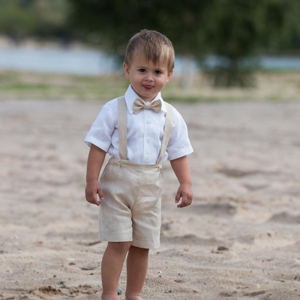 Ring bearer outfit Baby boy light beige outfit Baptism shorts with suspenders Boy linen suspenders suit Wedding suit for baby boy Tan color