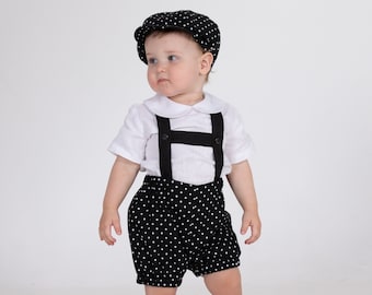 Page boy black outfit, Baby boy linen suit, Toddler newsboy hat, bubble shorts with suspenders, white shirt, Peter Pan collar shirt