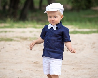 Page boy linen outfit Baby boy white Shorts Hat Bow tie navy blue Shirt Toddler newsboy cap suit Ring bearer outfit