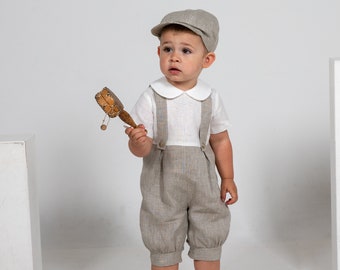 Natural linen romper+newsboy hat, Baby boy diaper cover with suspenders, Page boy outfit, Infant overalls, kids jumpsuit, checkered pattern