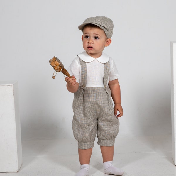 Natural linen romper+newsboy hat, Baby boy diaper cover with suspenders, Page boy outfit, Infant overalls, kids jumpsuit, checkered pattern